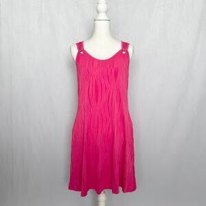 Hot Pink Textured Stretch Mini Dress M Wavy Pleats Hidden Pockets A-Line